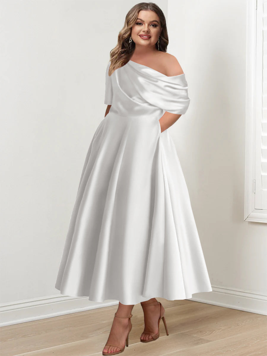 Plus Size A Line Ankle Length One Shoulder Mother of the Bride Dress with Ruffles and Half Sleeves