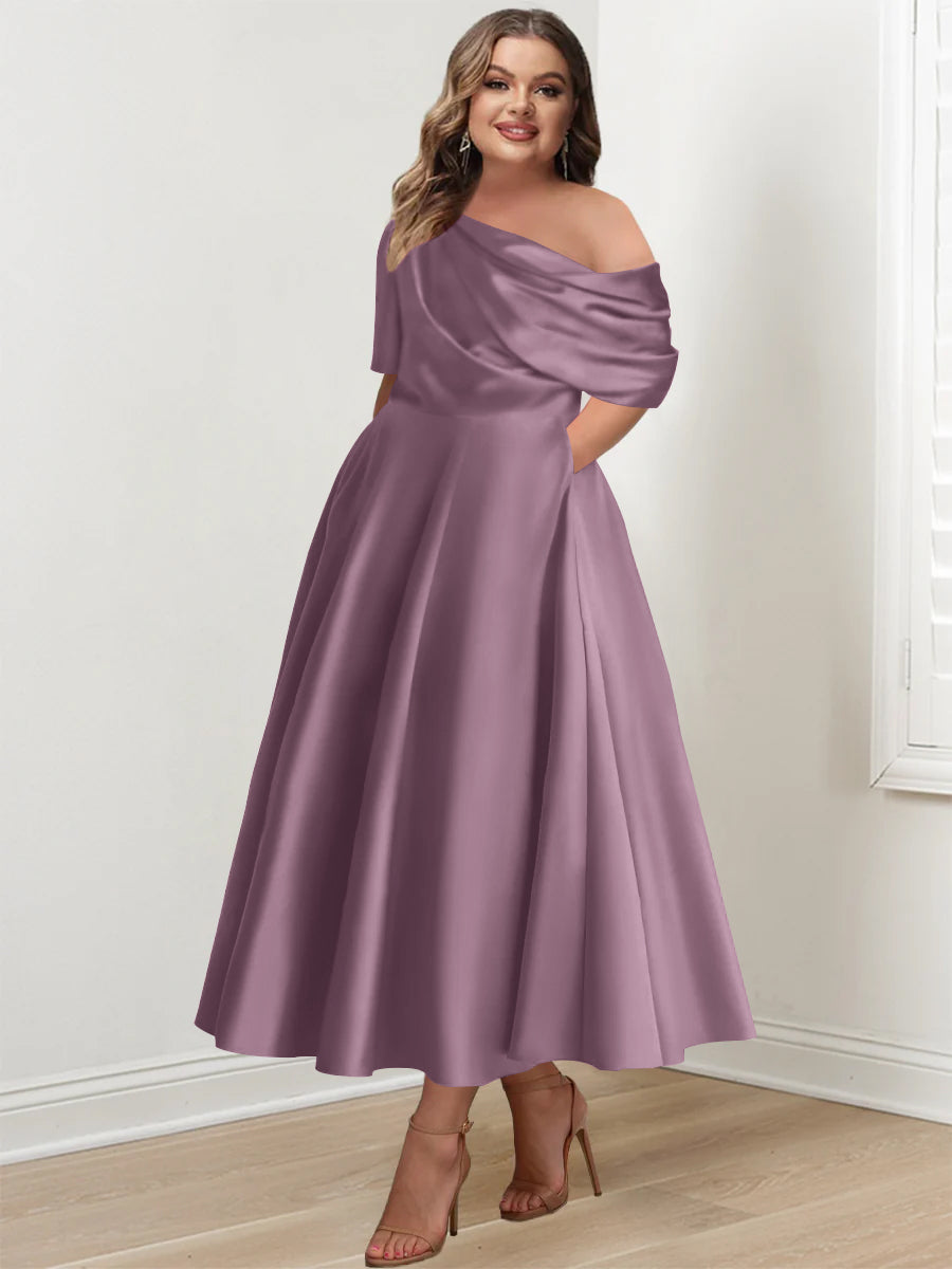 Plus Size A Line Ankle Length One Shoulder Mother of the Bride Dress with Ruffles and Half Sleeves