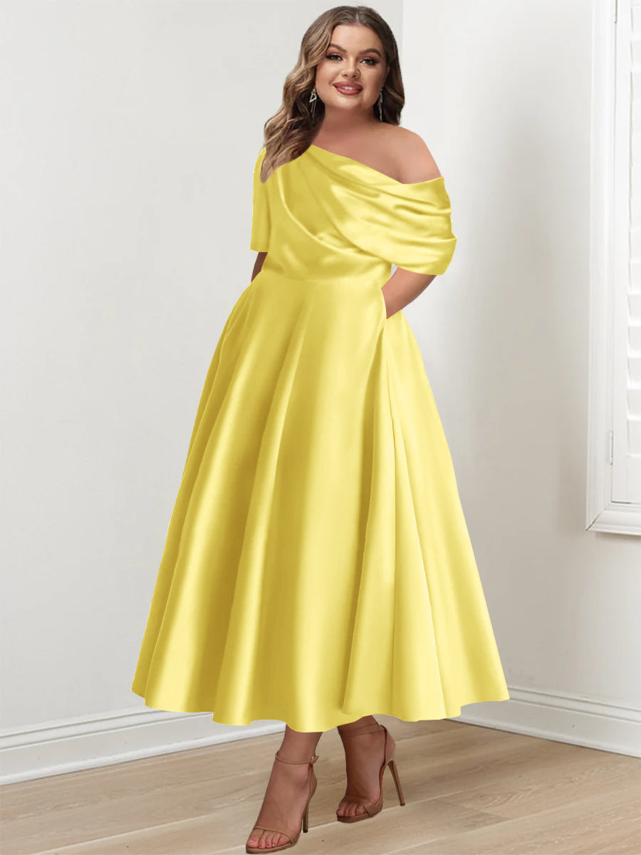 Plus Size A Line Ankle Length One Shoulder Mother of the Bride Dress with Ruffles and Half Sleeves
