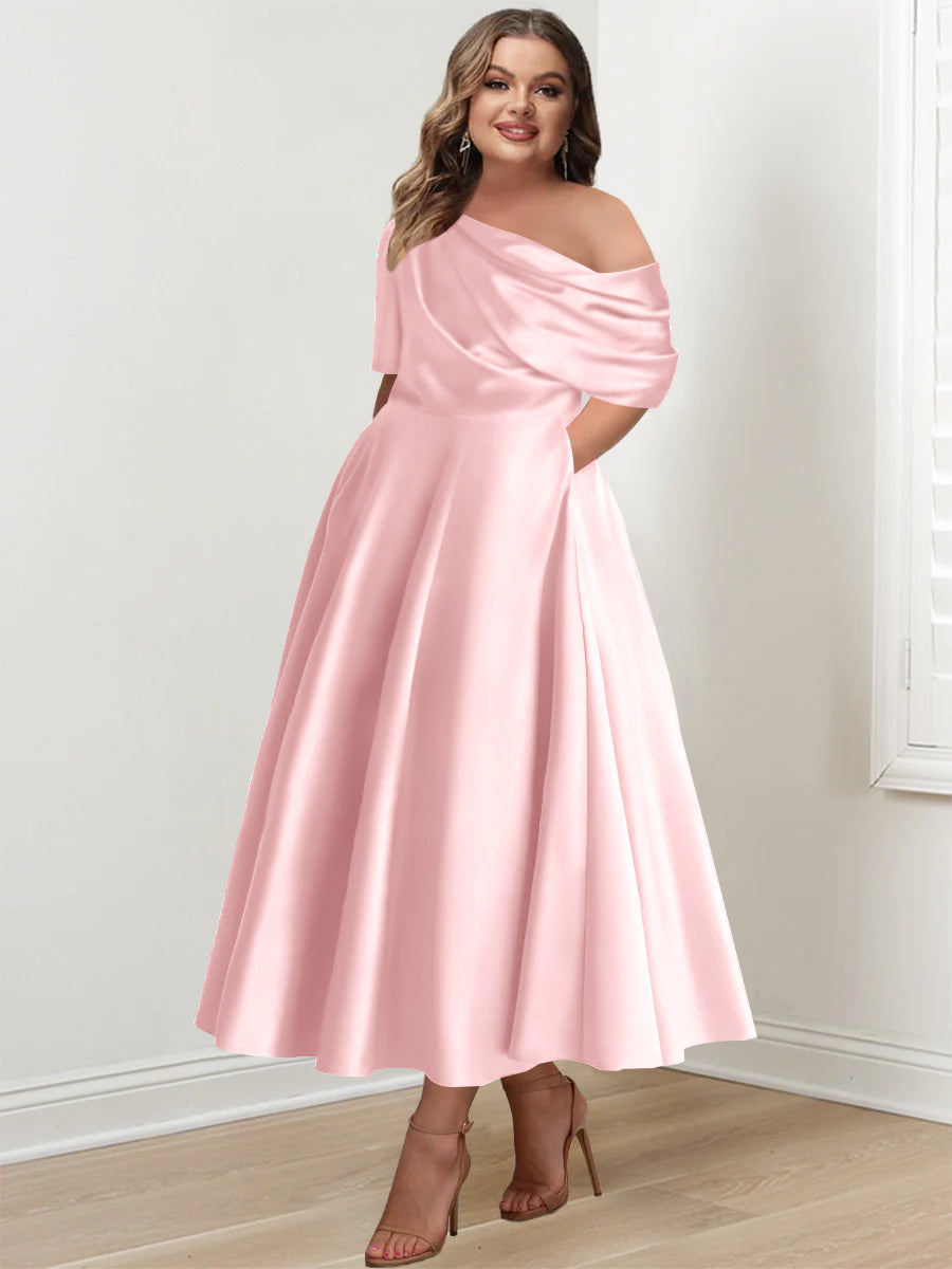 Plus Size A Line Ankle Length One Shoulder Mother of the Bride Dress with Ruffles and Half Sleeves