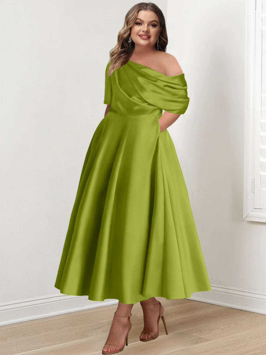 Plus Size A Line Ankle Length One Shoulder Mother of the Bride Dress with Ruffles and Half Sleeves