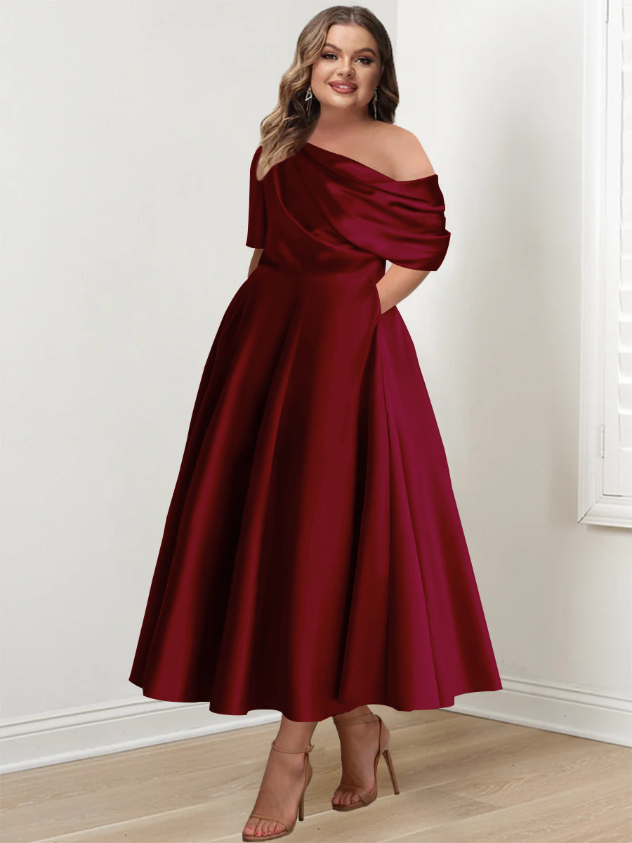Plus Size A Line Ankle Length One Shoulder Mother of the Bride Dress with Ruffles and Half Sleeves