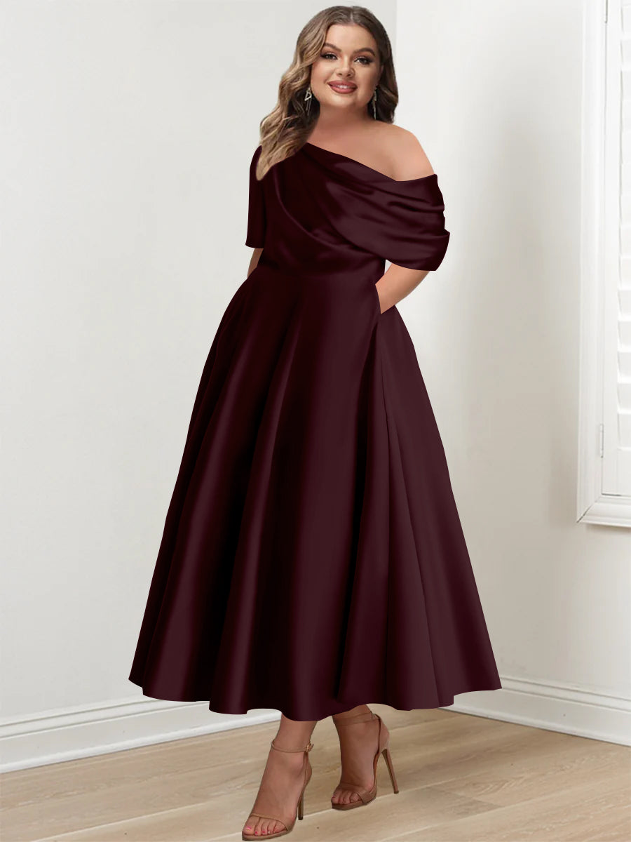 Plus Size A Line Ankle Length One Shoulder Mother of the Bride Dress with Ruffles and Half Sleeves