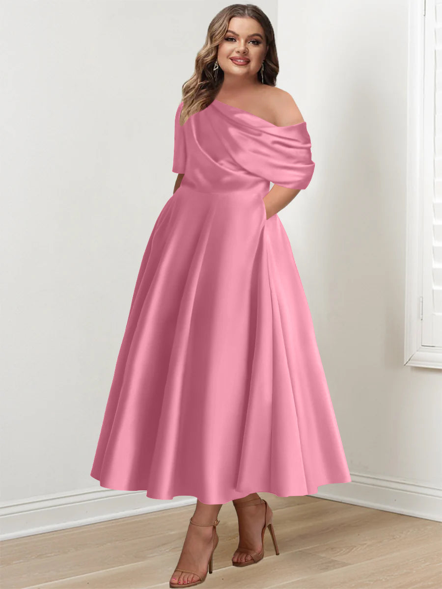Plus Size A Line Ankle Length One Shoulder Mother of the Bride Dress with Ruffles and Half Sleeves