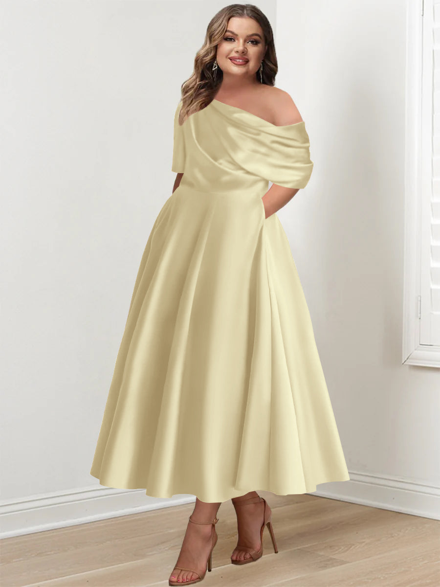 Plus Size A Line Ankle Length One Shoulder Mother of the Bride Dress with Ruffles and Half Sleeves