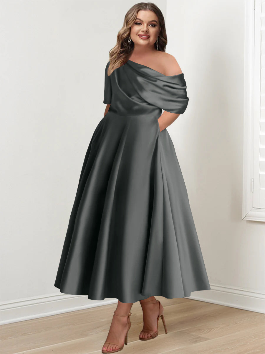 Plus Size A Line Ankle Length One Shoulder Mother of the Bride Dress with Ruffles and Half Sleeves