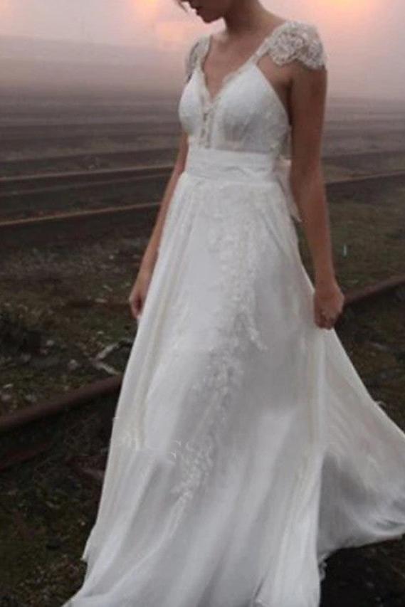 Plus Size A-Line Wedding Dress V-neck Chiffon Lace Cap Sleeve Bridal Gowns with Sweep Train
