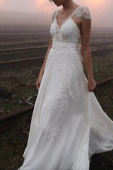 Plus Size A-Line Wedding Dress V-neck Chiffon Lace Cap Sleeve Bridal Gowns with Sweep Train