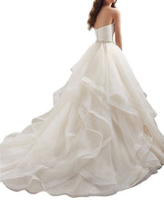 Plus Size A-Line Wedding Dresses Sweetheart Organza Strapless Bridal Gowns with Chapel Train