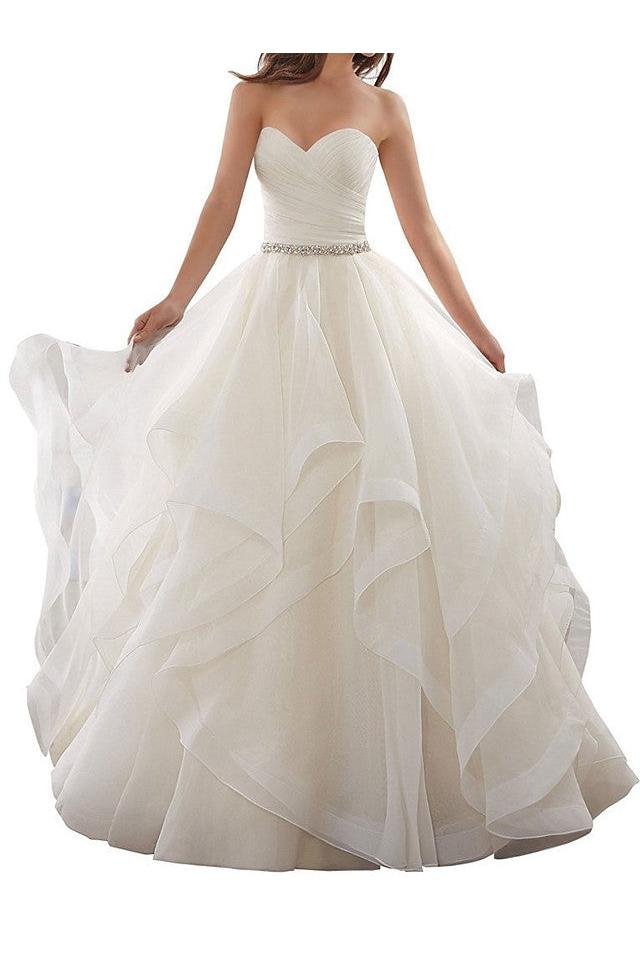 Plus Size A-Line Wedding Dresses Sweetheart Organza Strapless Bridal Gowns with Chapel Train