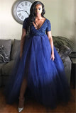 Plus-Size A-line Tulle Prom Dress | Short Sleeves V-Neck Party Dresses