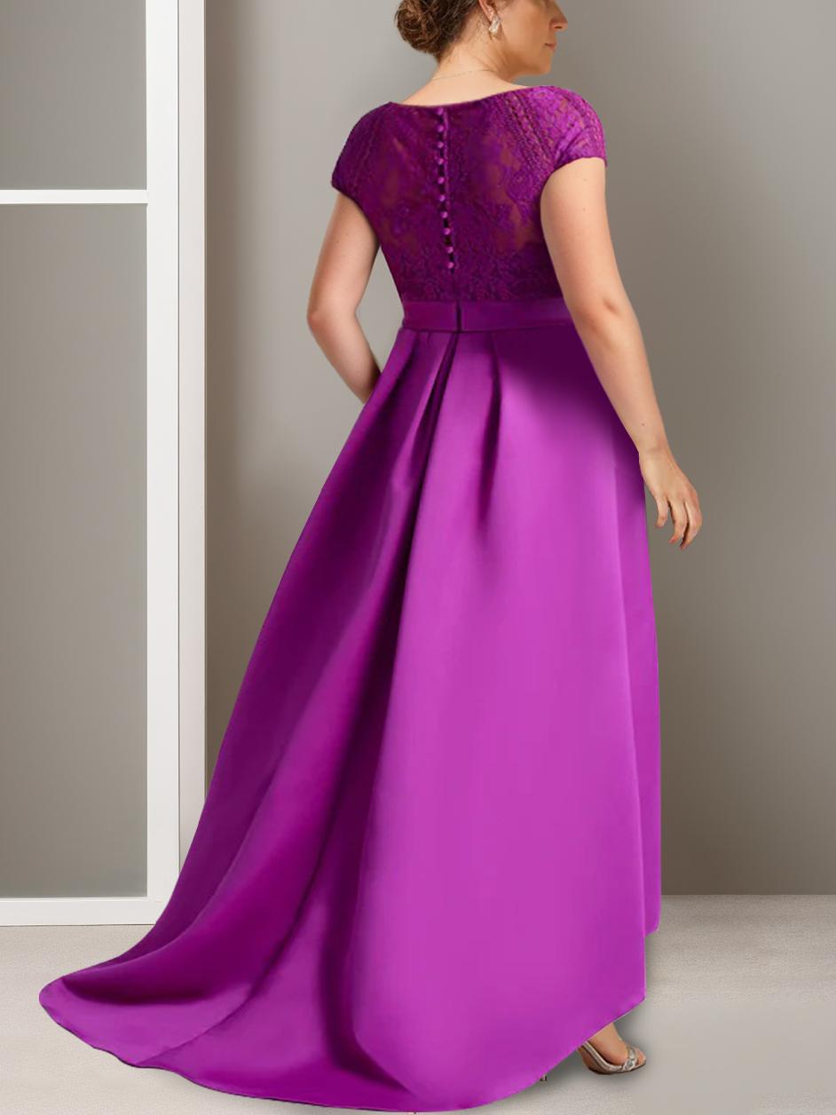 Plus Size Asymmetrical A Line Scoop Neck Mother of the Bride Dress with Appliques and Short Sleeves