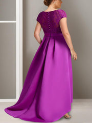 Plus Size Asymmetrical A Line Scoop Neck Mother of the Bride Dress with Appliques and Short Sleeves