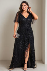 Plus Size Asymmetrical A Line V Neck Short Sleeve Mother of the Bride Dress with Sequins