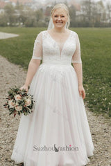 Plus Size Beach Wedding Dress Half Sleeve A Line Lace Bridal Gown