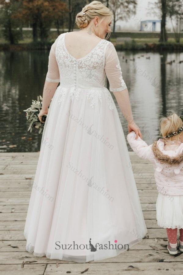 Plus Size Beach Wedding Dress Half Sleeve A Line Lace Bridal Gown