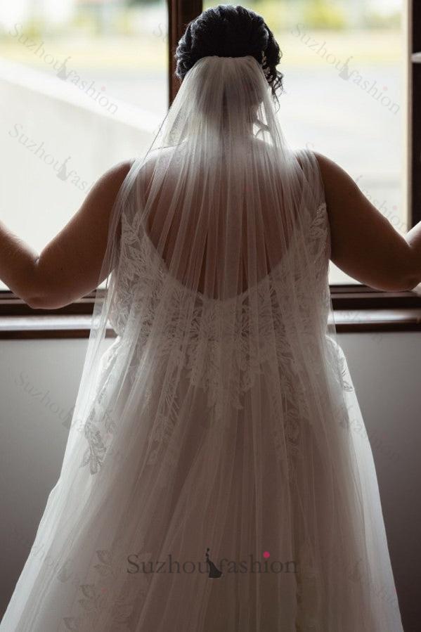 Plus Size Beach Wedding Dress V Neck A Line Tulle Bridal Gown with Lace Appliques