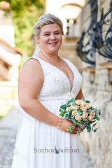 Plus Size Beach Wedding Dress V Neck Chiffon Sleeveless A Line Bridal Gown