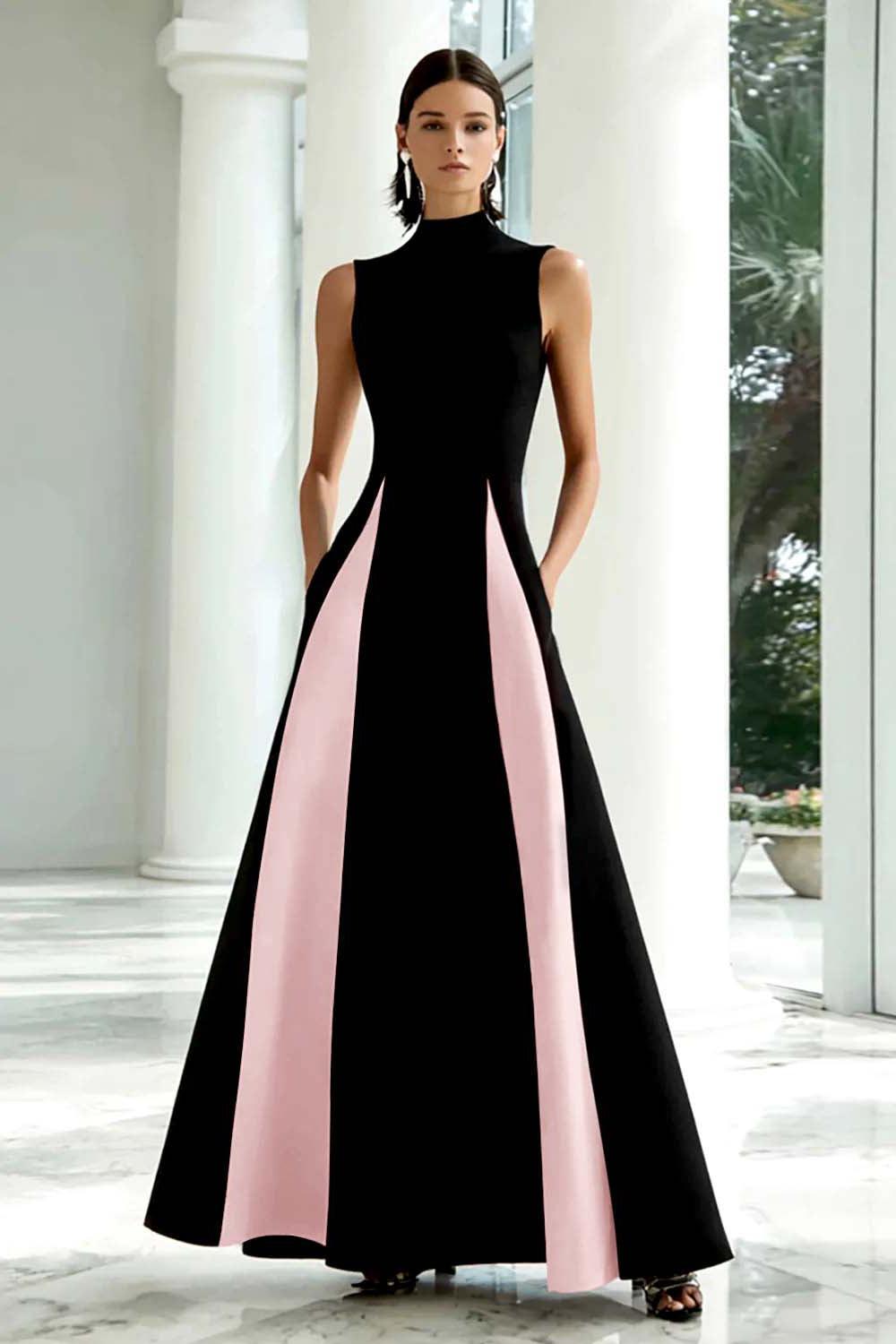 Suzhoufashion Plus Size Black And White A-Line High Neck Long Satin Prom Dress