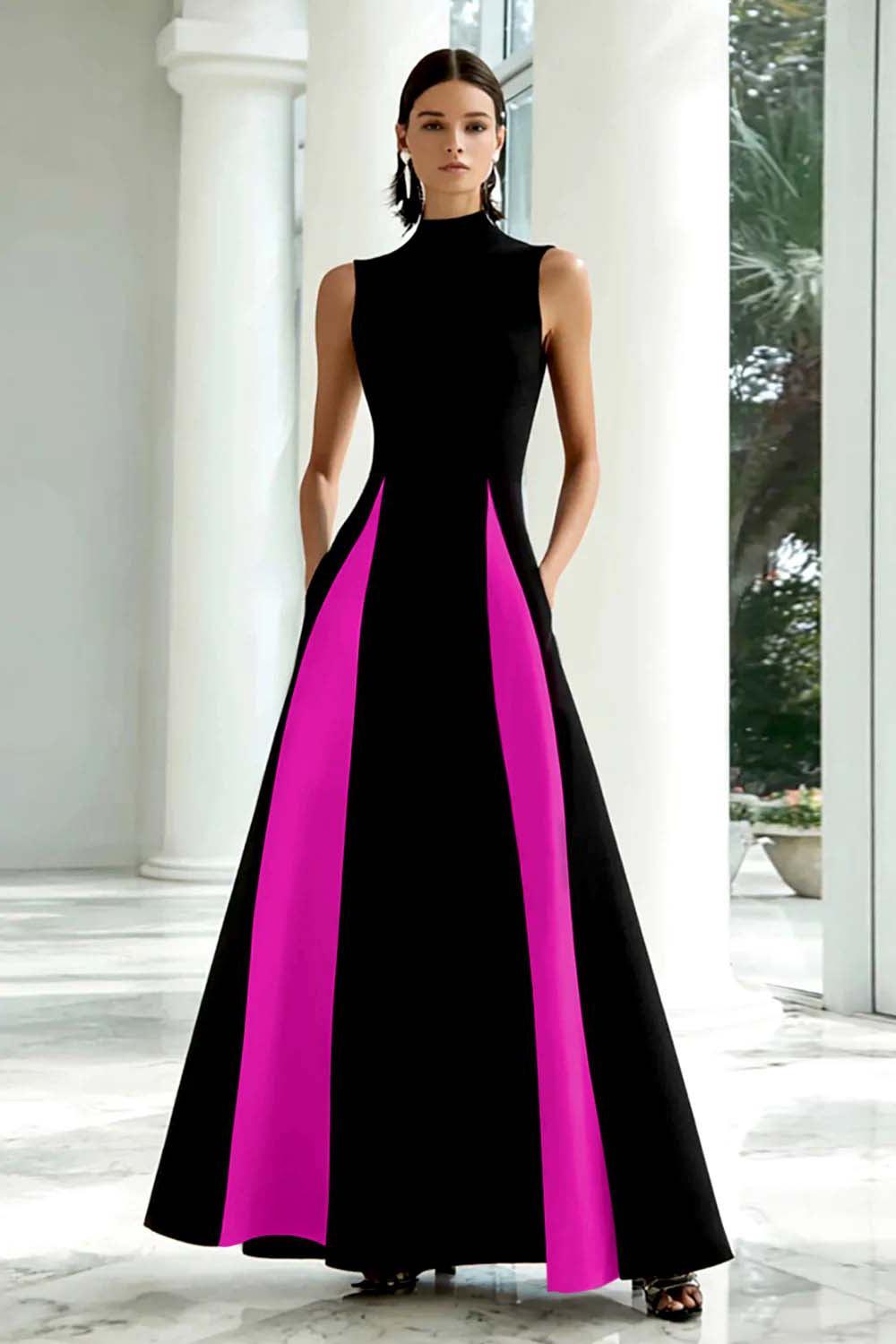 Suzhoufashion Plus Size Black And White A-Line High Neck Long Satin Prom Dress