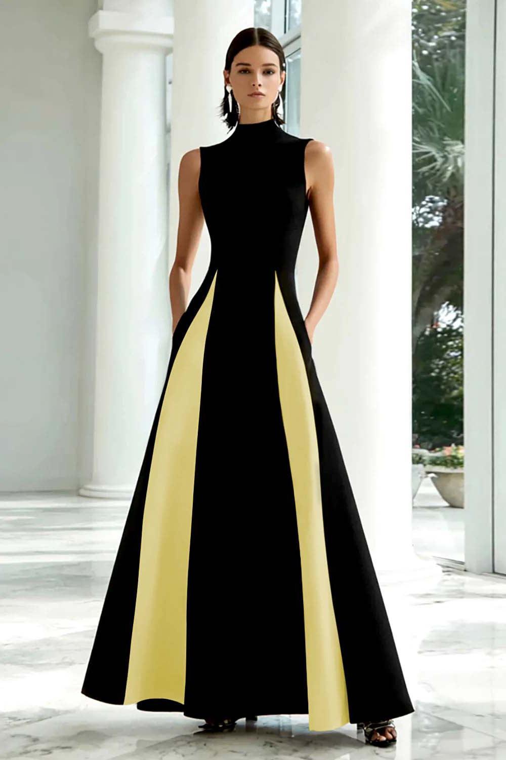Suzhoufashion Plus Size Black And White A-Line High Neck Long Satin Prom Dress