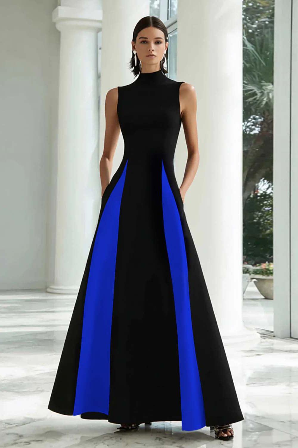 Suzhoufashion Plus Size Black And White A-Line High Neck Long Satin Prom Dress
