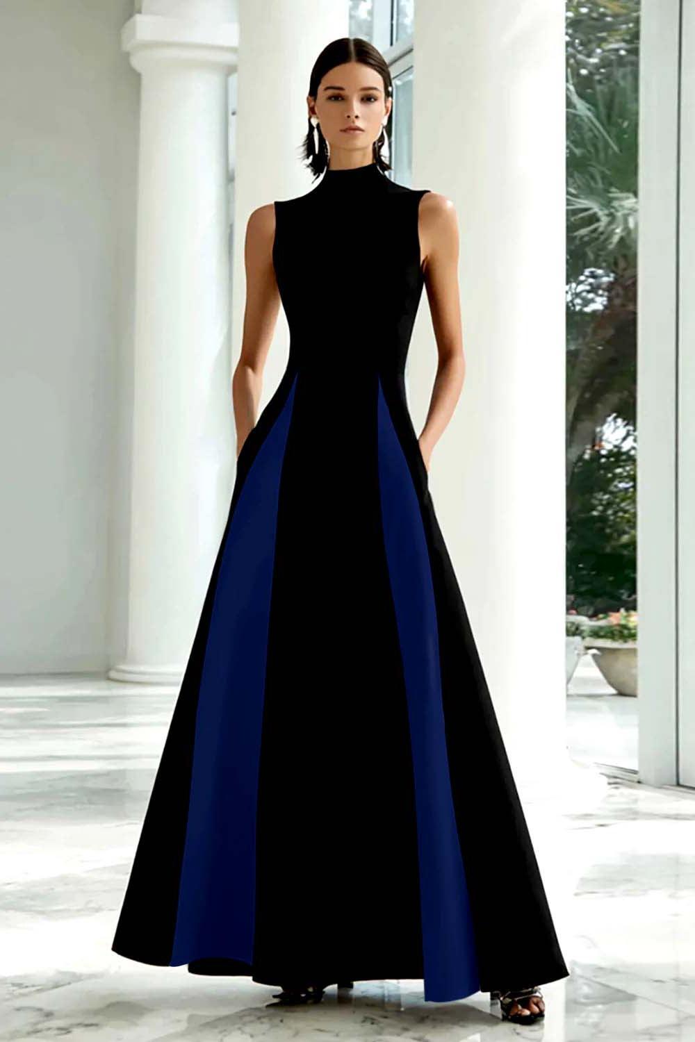 Suzhoufashion Plus Size Black And White A-Line High Neck Long Satin Prom Dress