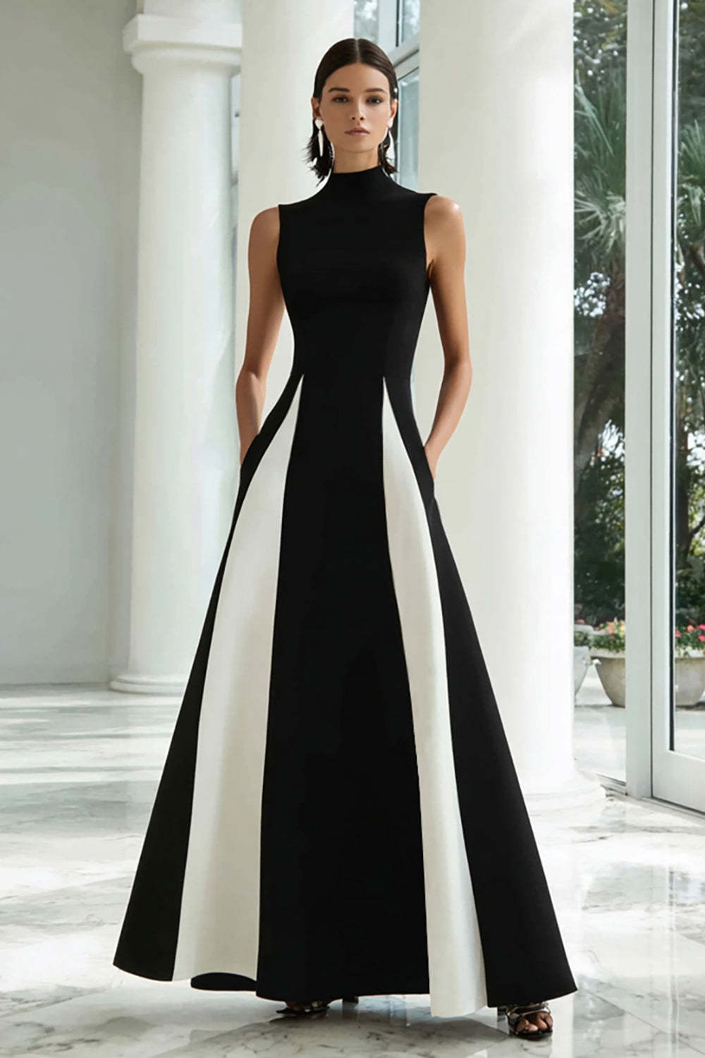 Suzhoufashion Plus Size Black And White A-Line High Neck Long Satin Prom Dress