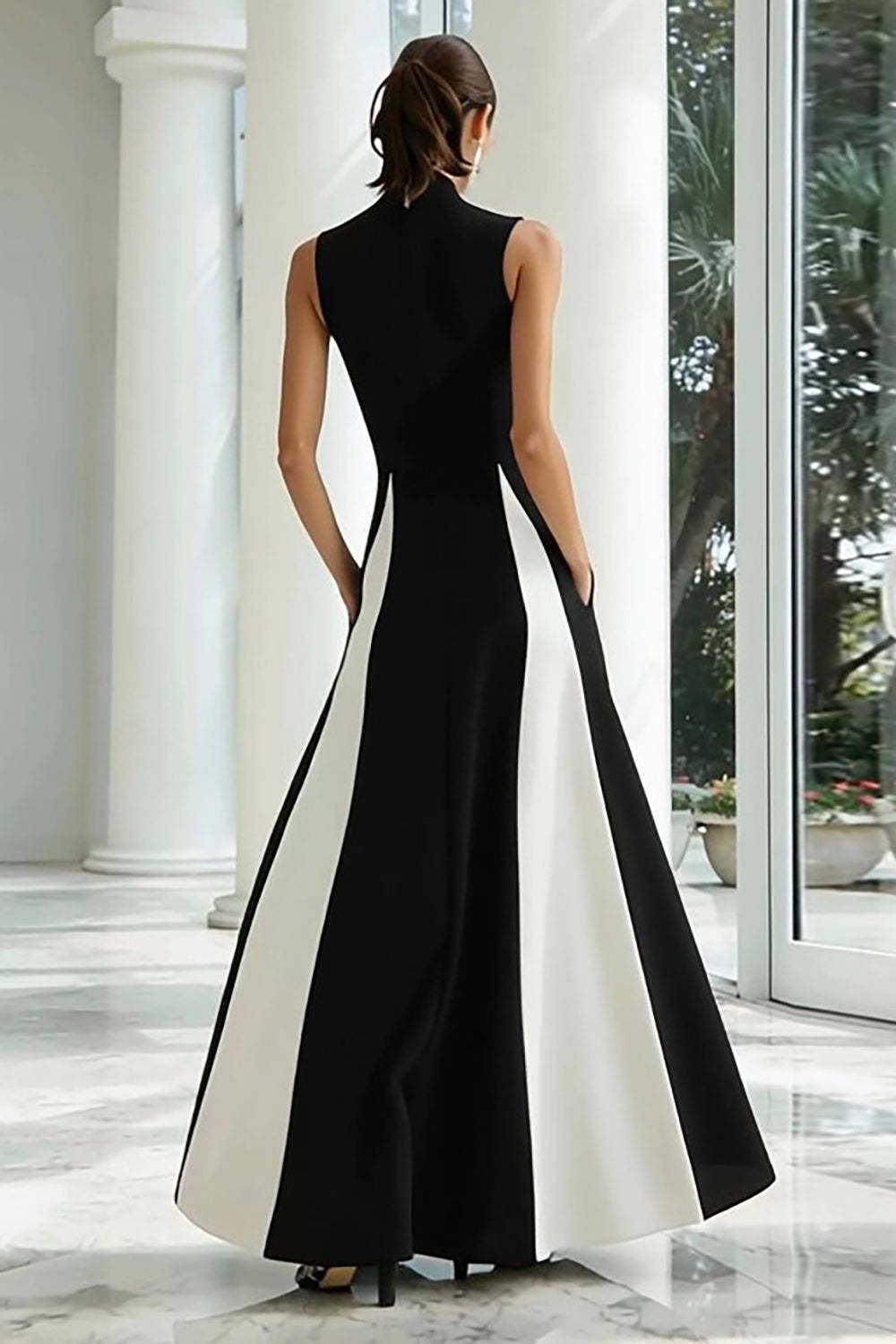 Suzhoufashion Plus Size Black And White A-Line High Neck Long Satin Prom Dress