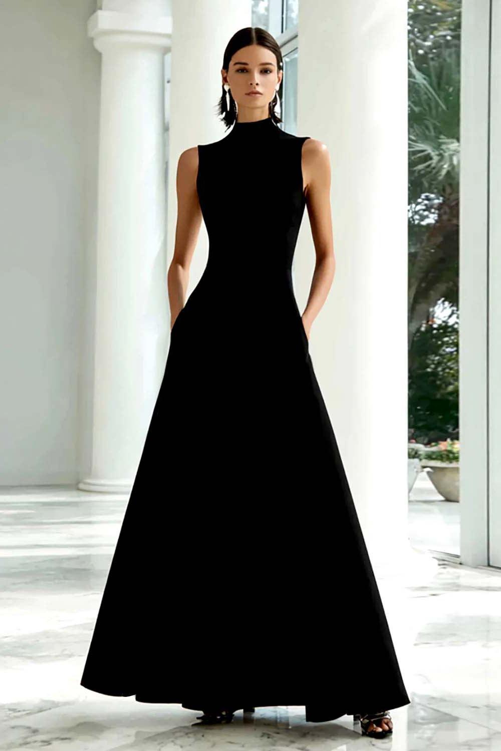Suzhoufashion Plus Size Black And White A-Line High Neck Long Satin Prom Dress