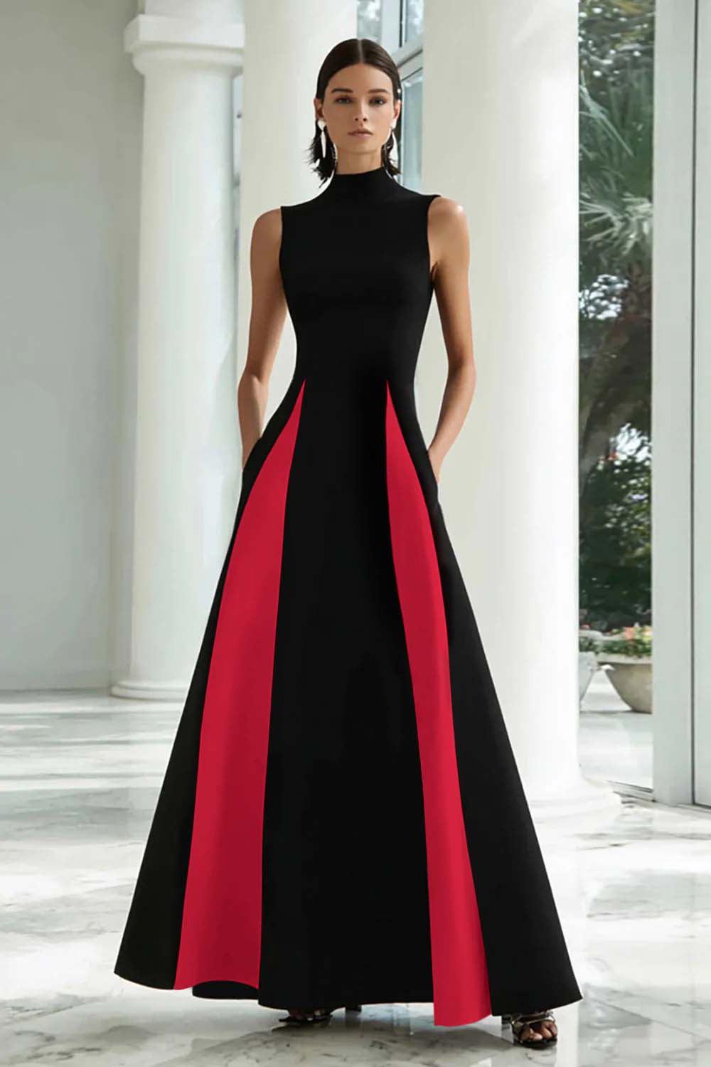 Suzhoufashion Plus Size Black And White A-Line High Neck Long Satin Prom Dress