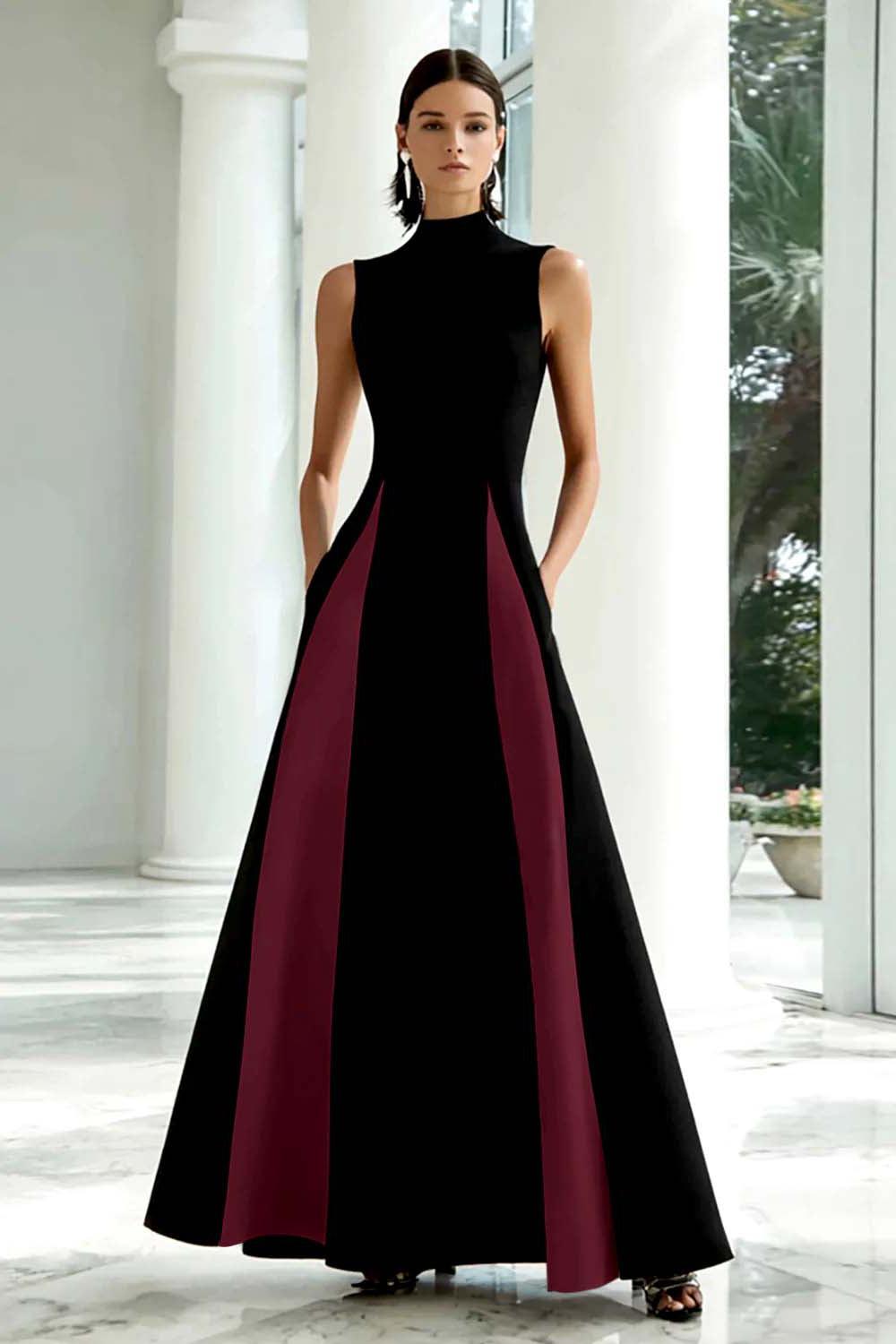 Suzhoufashion Plus Size Black And White A-Line High Neck Long Satin Prom Dress
