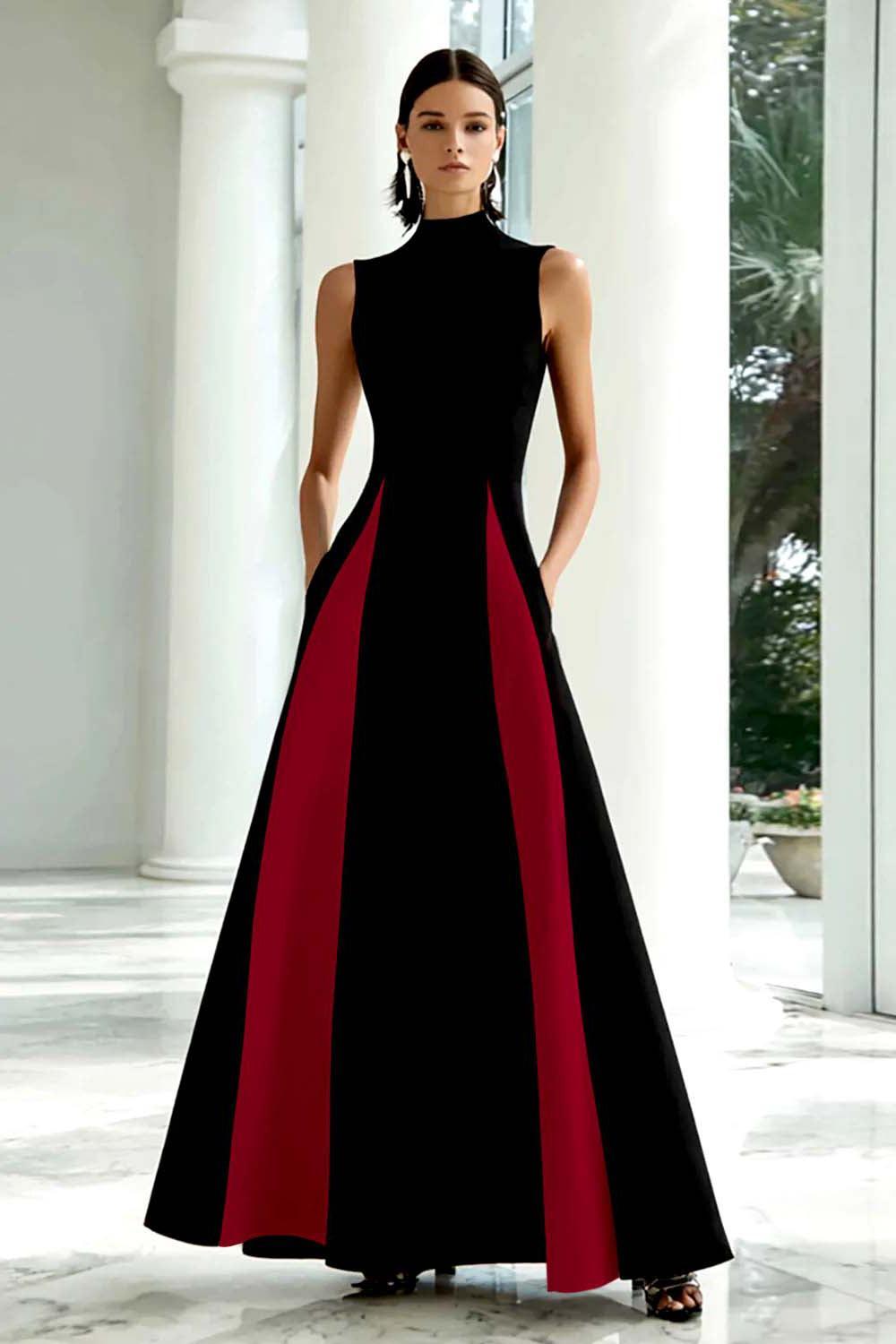 Suzhoufashion Plus Size Black And White A-Line High Neck Long Satin Prom Dress