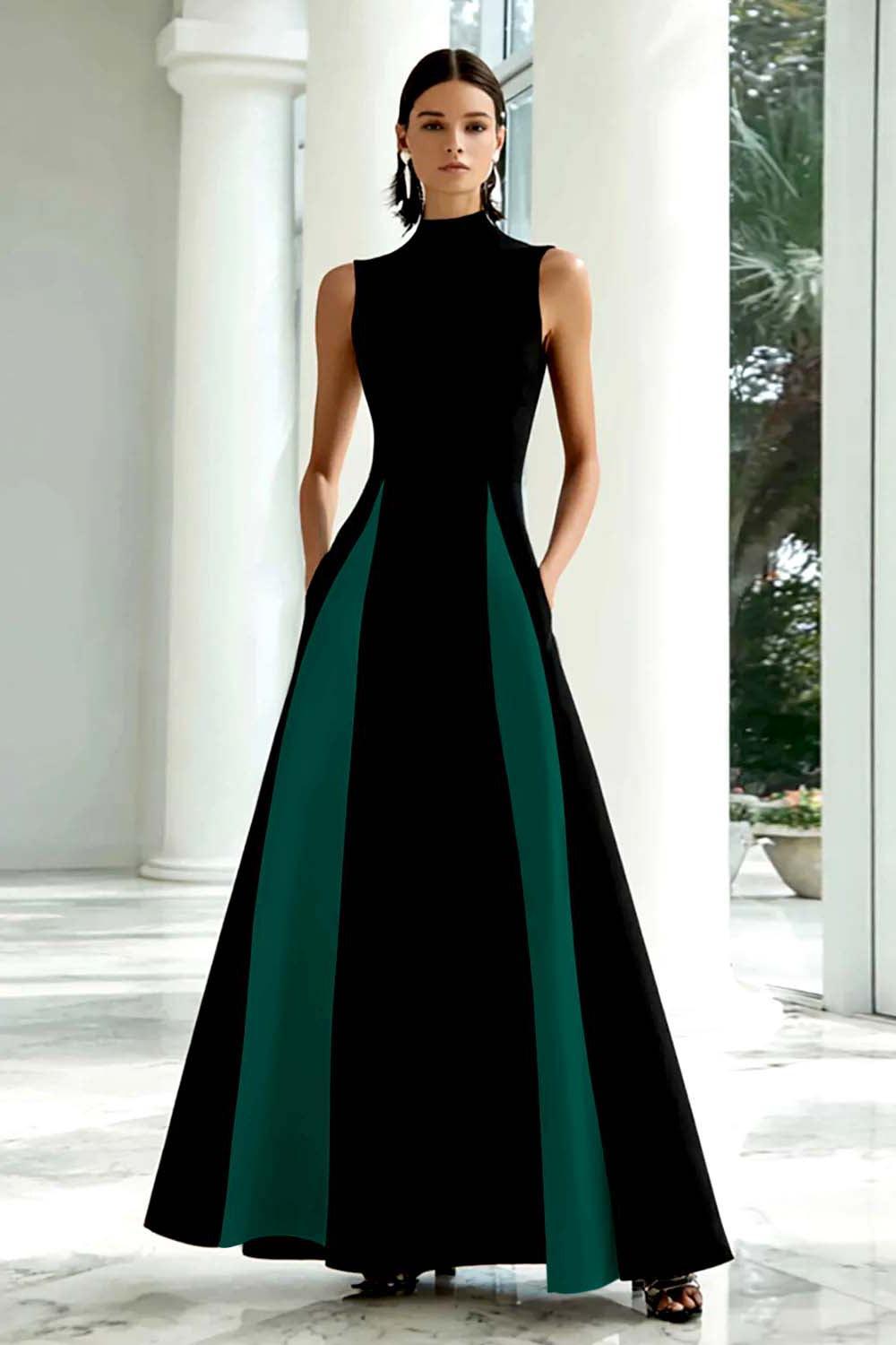 Suzhoufashion Plus Size Black And White A-Line High Neck Long Satin Prom Dress