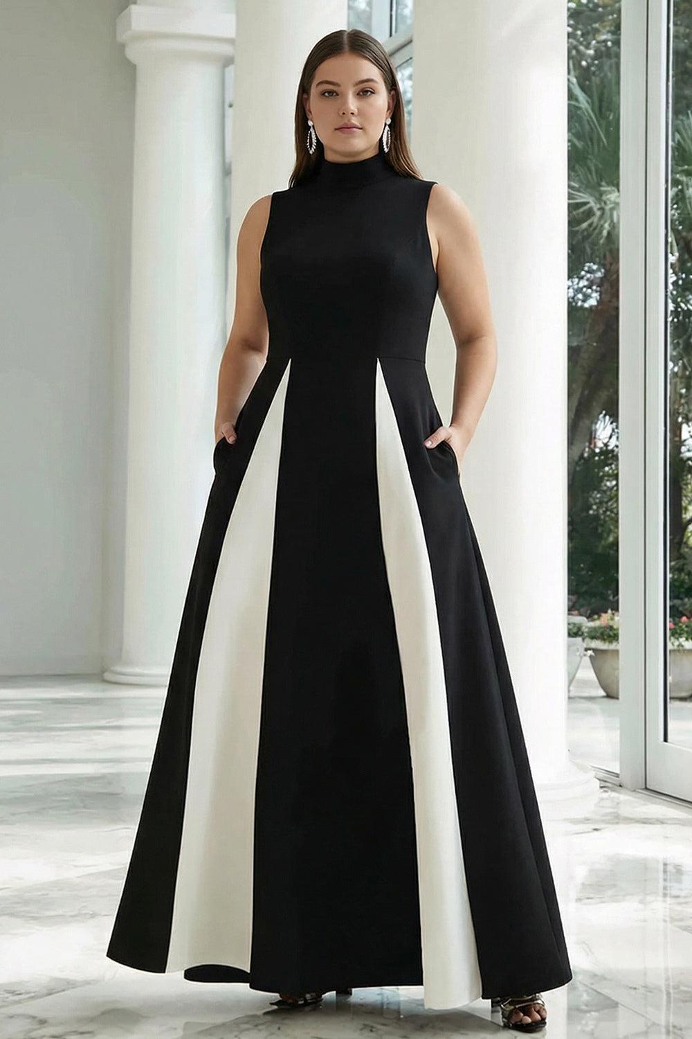Suzhoufashion Plus Size Black And White A-Line High Neck Long Satin Prom Dress