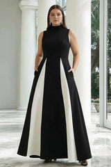 Suzhoufashion Plus Size Black And White A-Line High Neck Long Satin Prom Dress