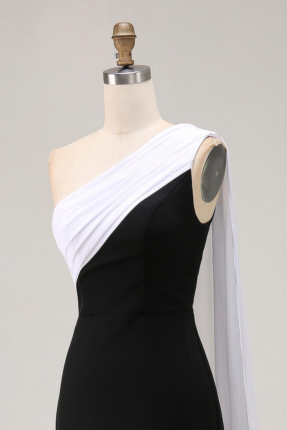 Suzhoufashion Plus Size Black White Sheath One Shoulder Long Satin Prom Dress With Side Cape