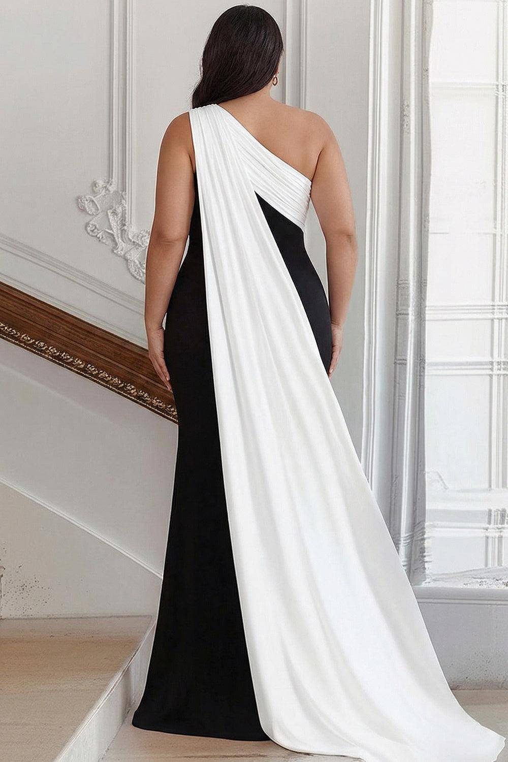 Suzhoufashion Plus Size Black White Sheath One Shoulder Long Satin Prom Dress With Side Cape