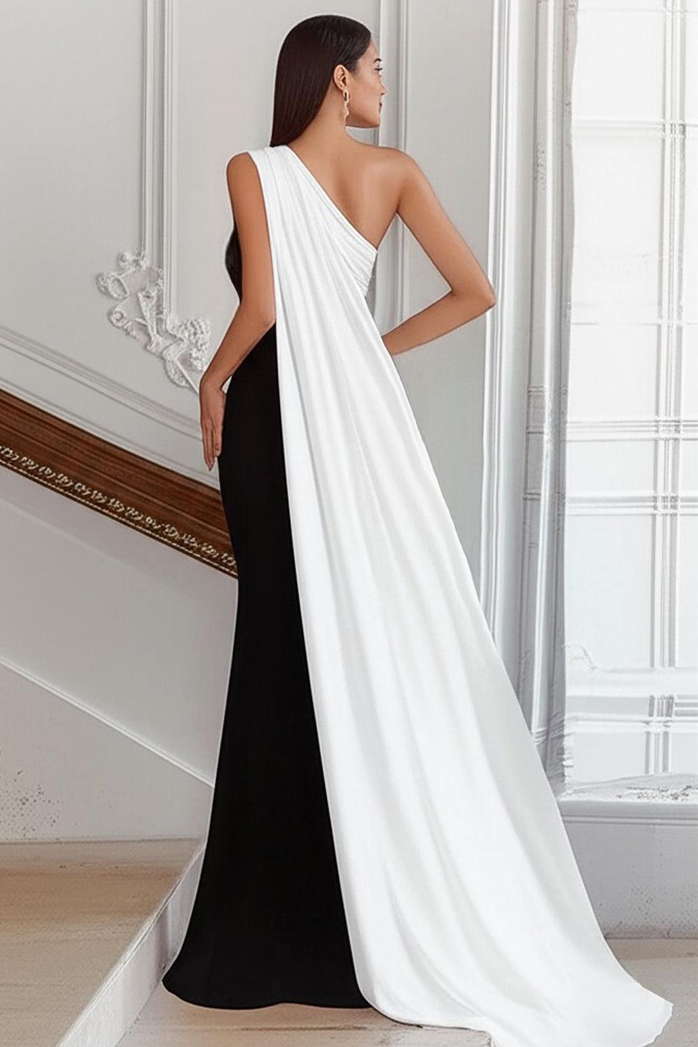 Suzhoufashion Plus Size Black White Sheath One Shoulder Long Satin Prom Dress With Side Cape