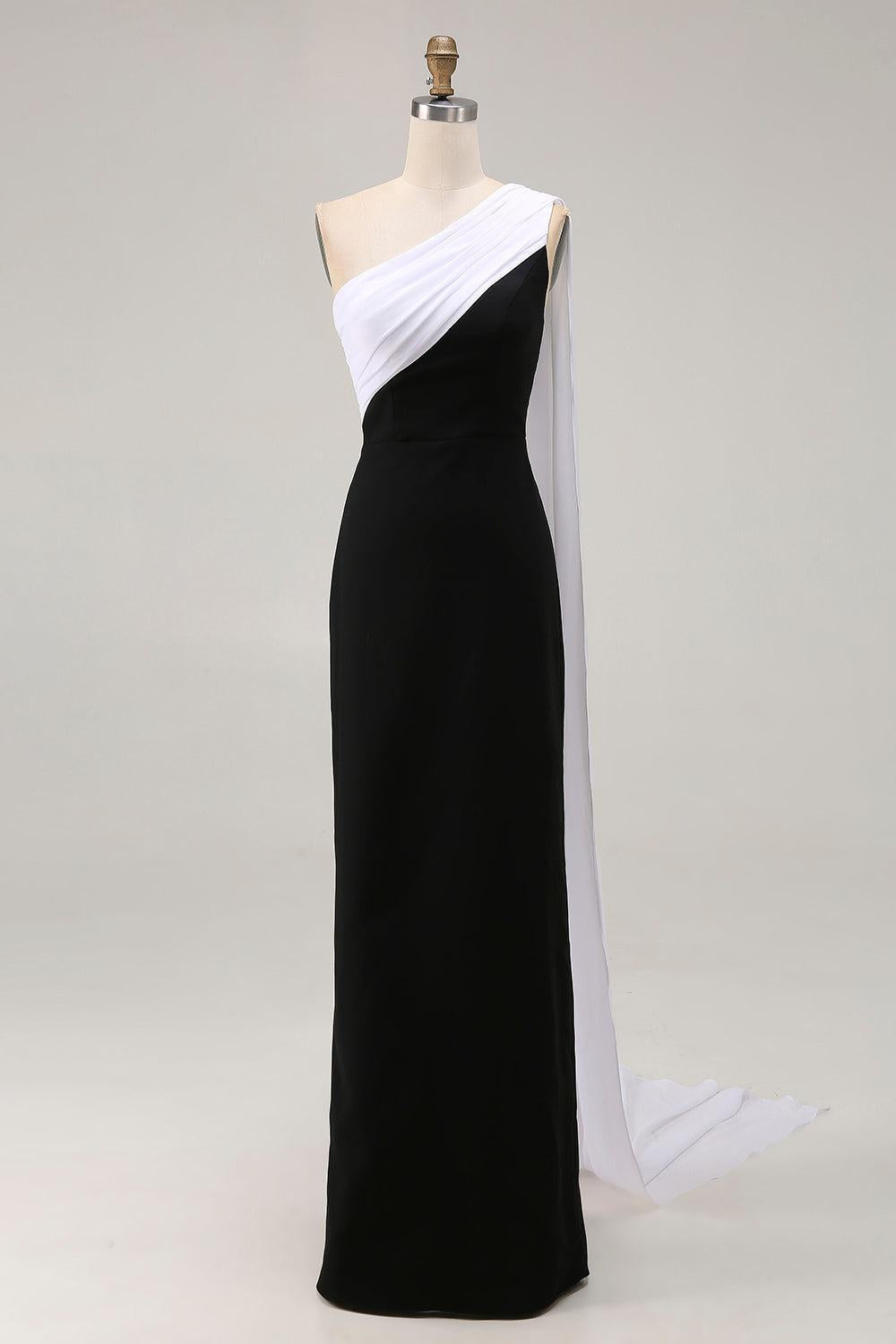 Suzhoufashion Plus Size Black White Sheath One Shoulder Long Satin Prom Dress With Side Cape