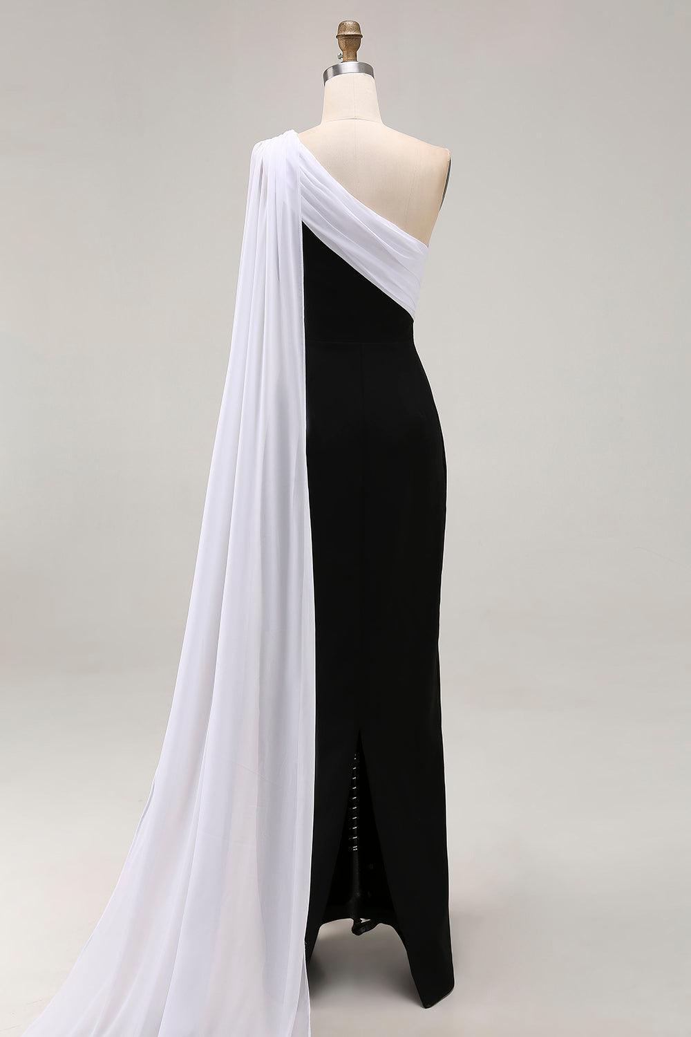 Suzhoufashion Plus Size Black White Sheath One Shoulder Long Satin Prom Dress With Side Cape