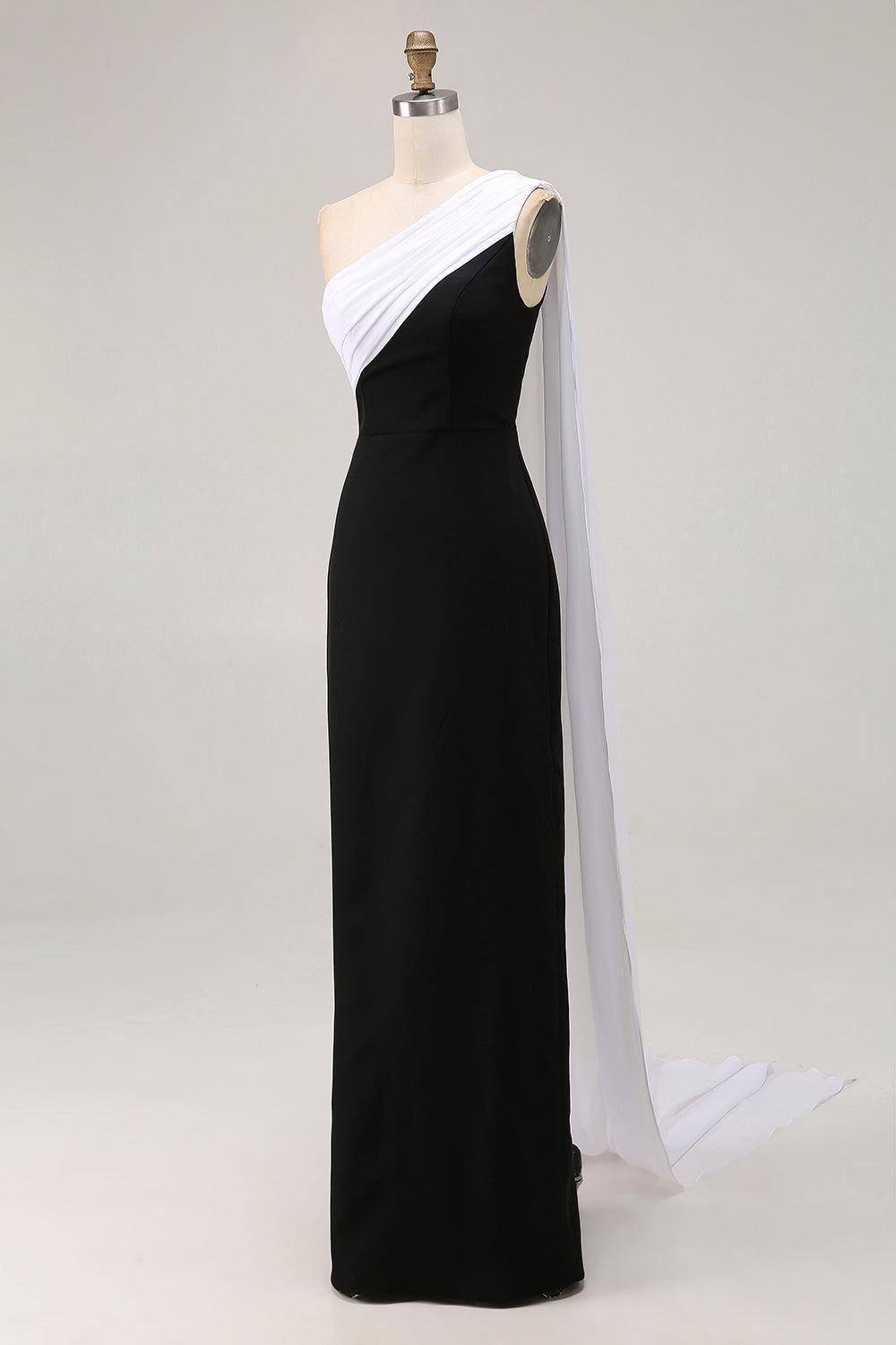Suzhoufashion Plus Size Black White Sheath One Shoulder Long Satin Prom Dress With Side Cape