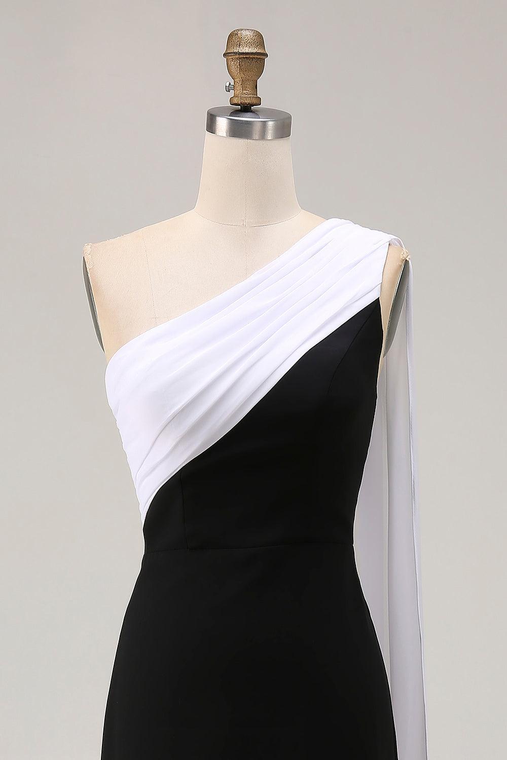 Suzhoufashion Plus Size Black White Sheath One Shoulder Long Satin Prom Dress With Side Cape