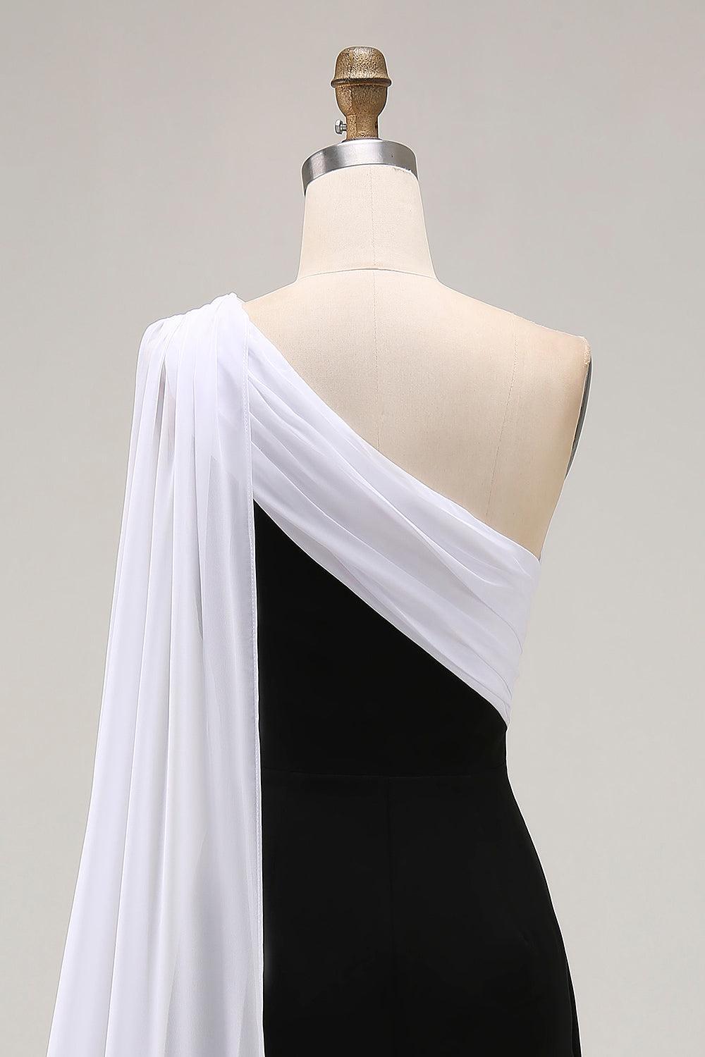 Suzhoufashion Plus Size Black White Sheath One Shoulder Long Satin Prom Dress With Side Cape