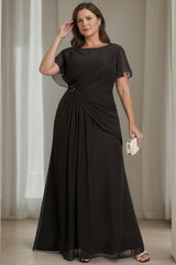 Plus Size Long A Line Mother of the Bride Dress with Ruffles Round Neck and Short Sleeves