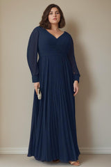 Plus Size Long A Line Mother of the Bride Dress with V Neck and Long Sleeves