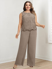 Plus Size Long Chiffon Pantsuit for the Mother of the Bride with Round Neck and Applique Jacket