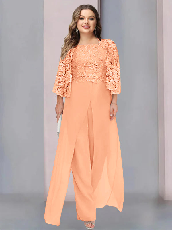 Plus Size Long Chiffon Pantsuit for the Mother of the Bride with Square Neck and Side Split