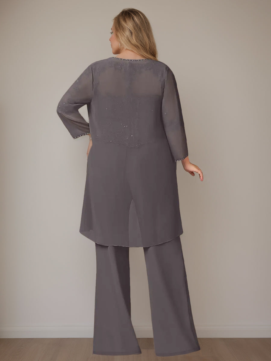 Plus Size Long Chiffon Pantsuits With Jacket 3 Piece Set Scoop Neck & Long Sleeves