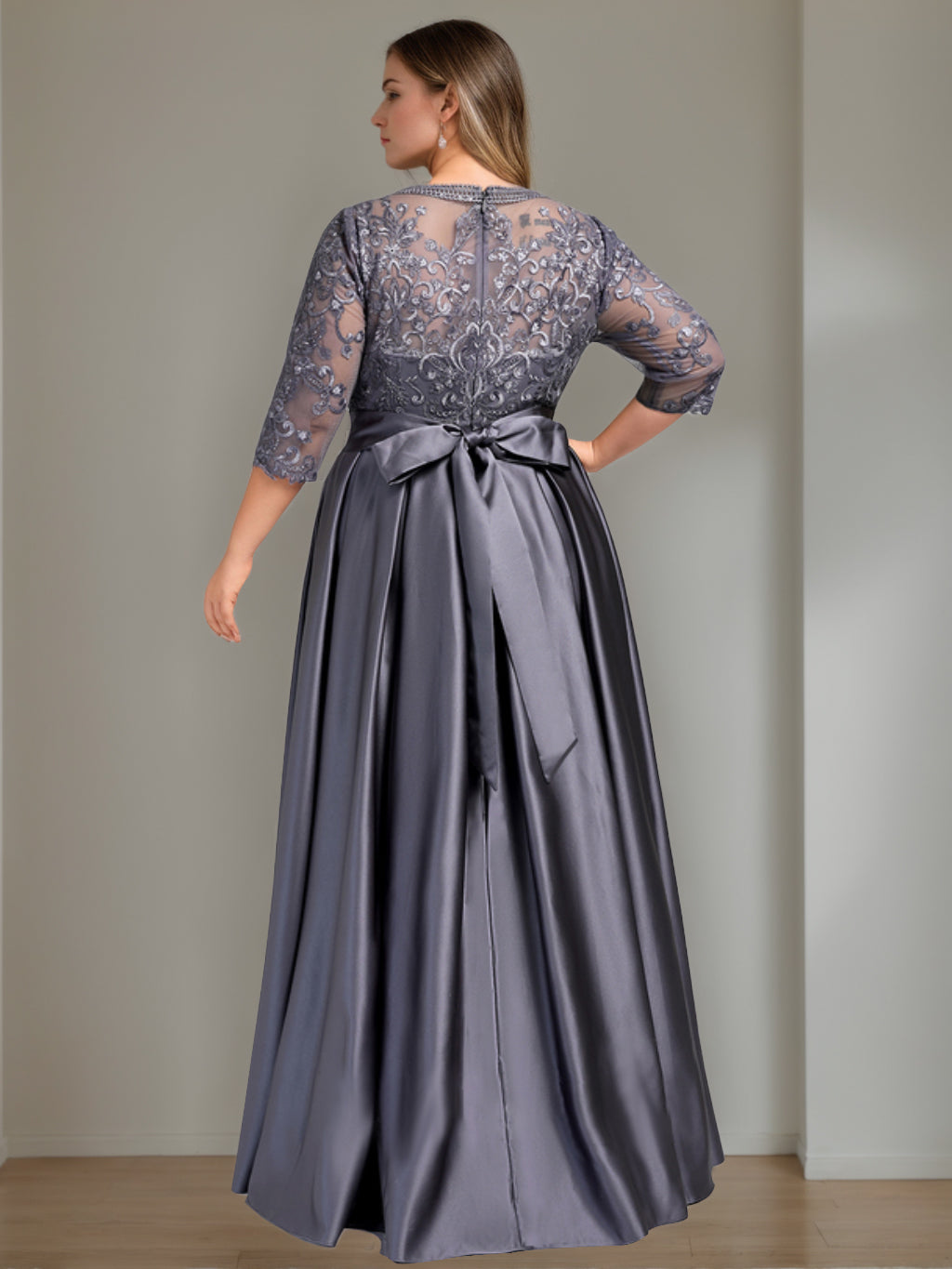 silver plus size a-line dress Final Sale Plus Size V-Neck Gown with Twisted Waist Band in Silver Foil Fabric